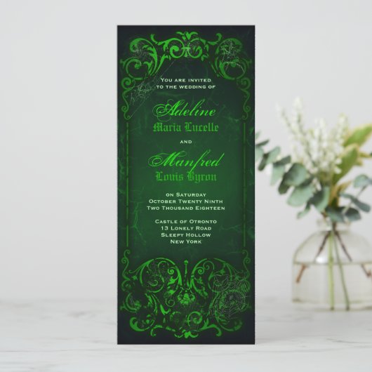 Gothic Viktorianisch Ghoulish Green Wedding Einladung (Stehend Vorderseite)