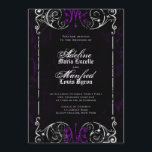Gothic Viktorianisch Spooky Lila Wedding Einladung<br><div class="desc">Diese gotischen viktorianischen Schwarz-Weiß-Einladungen und lila Hochzeitsfeiern sind perfekt für Halloween-Hochzeiten. Ein verzierter, altmodischer Wirbler Rahmen, altersgepeitscht, mit spukhaften Spinnweben bedeckt, mit leicht strukturiertem, launenhaftem schwarzem und lila Hintergrund. Der Text ist eine Kombination aus Grunge-Skript, klassisch leicht zu lesende Blockschrift, und Old English, mittelalterlichen Stil Typ. Passen Sie die Rückseite...</div>