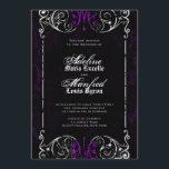 Gothic Viktorianisch Spooky Lila Wedding Einladung<br><div class="desc">Diese gotischen viktorianischen Schwarz-Weiß-Einladungen und lila Hochzeitsfeiern sind perfekt für Halloween-Hochzeiten. Ein verzierter, altmodischer Wirbler Rahmen, altersgepeitscht, mit spukhaften Spinnweben bedeckt, mit leicht strukturiertem, launenhaftem schwarzem und lila Hintergrund. Der Text ist eine Kombination aus Grunge-Skript, klassisch leicht zu lesende Blockschrift, und Old English, mittelalterlichen Stil Typ. Passen Sie die Rückseite...</div>