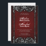 Gothic Viktorianisch Spooky Red, Black & White Wed Einladung<br><div class="desc">Diese gotischen viktorianischen Schwarz-Weiß-Einladungen sind perfekt für Halloween-Hochzeiten, mit einem verzierten, altmodischen Wirblen Rahmen, geknackt mit dem Alter, mit spukhaften Spinnweben bedeckt, vor einem leicht strukturierten, moodisch tiefen roten Hintergrund. Der Text ist eine Kombination aus Grunge-Skript, klassisch leicht zu lesende Blockschrift, und Old English, mittelalterlichen Stil Typ. Passen Sie die...</div>