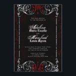 Gothic Viktorianisch Spooky Red, Black & White Wed Einladung<br><div class="desc">Diese gotischen viktorianischen Schwarz-Weiß-Einladungen sind perfekt für Halloween-Hochzeiten, mit einem verzierten, altmodischen Wirblen Rahmen, geknackt mit dem Alter, mit spukhaften Spinnweben bedeckt, vor einem leicht strukturierten, mooösen schwarzen und tiefroten Hintergrund. Der Text ist eine Kombination aus Grunge-Skript, klassisch leicht zu lesende Blockschrift, und Old English, mittelalterlichen Stil Typ. Passen Sie...</div>