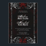 Gothic Viktorianisch Spooky Red, Black & White Wed Einladung<br><div class="desc">Diese gotischen viktorianischen Schwarz-Weiß-Einladungen sind perfekt für Halloween-Hochzeiten, mit einem verzierten, altmodischen Wirblen Rahmen, geknackt mit dem Alter, mit spukhaften Spinnweben bedeckt, vor einem leicht strukturierten, mooösen schwarzen und tiefroten Hintergrund. Der Text ist eine Kombination aus Grunge-Skript, klassisch leicht zu lesende Blockschrift, und Old English, mittelalterlichen Stil Typ. Passen Sie...</div>