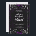 Gothic Viktorianisch Spooky Wedding Einladung<br><div class="desc">Diese gotischen viktorianischen Schwarz-Weiß-Einladungen und lila Hochzeitsfeiern sind perfekt für Halloween-Hochzeiten. Ein verzierter, altmodischer Wirbler Rahmen, altersgepeitscht, mit spukhaften Spinnweben bedeckt, mit leicht strukturiertem, launenhaftem schwarzem und lila Hintergrund. Der Text ist eine Kombination aus Grunge-Skript, klassisch leicht zu lesende Blockschrift, und Old English, mittelalterlichen Stil Typ. Passen Sie die Rückseite...</div>