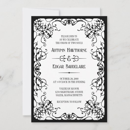 Gothic Viktorianische Schwarz-weiße Hochzeitseinla Einladung (Vorderseite)