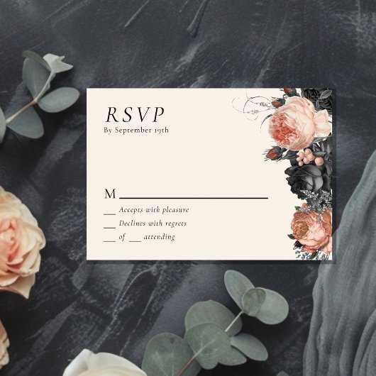 Gothic Vintag Black Blush Wedding RSVP Karte