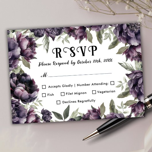 Gothic Vintag Black Dark Peony Wedding RSVP Karte