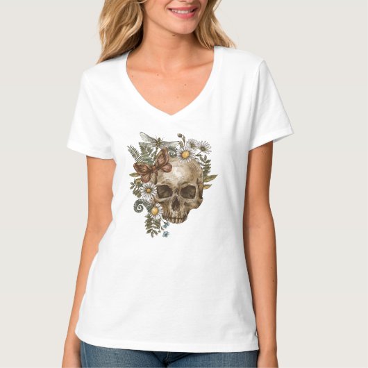 Gothic Vintag Blume Schädel und Schmetterlinge T-Shirt (Vorderseite)