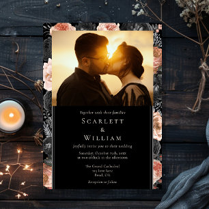 Gothic Vintage Schwarze Hochzeit mit klassischer F Einladung