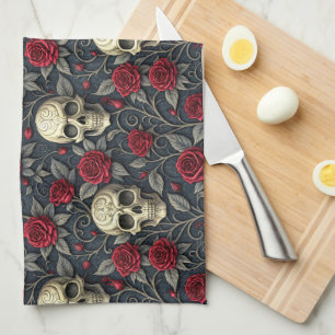 Gothic Vintage-Totenkopf und rote Rosen Floral Geschirrtuch