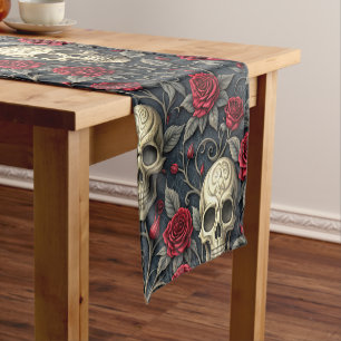 Gothic Vintage-Totenkopf und rote Rosen Floral Kurzer Tischläufer