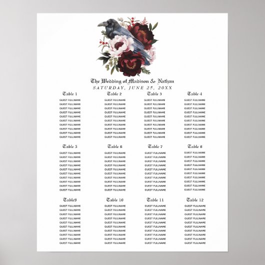 Gothic Watercolor Raven Wedding Seating Chart Poster (Vorne)