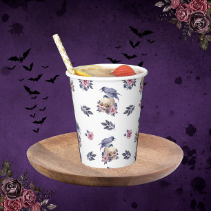 Gothic Watercolor-Schädel Rose & Raven Design Pappbecher
