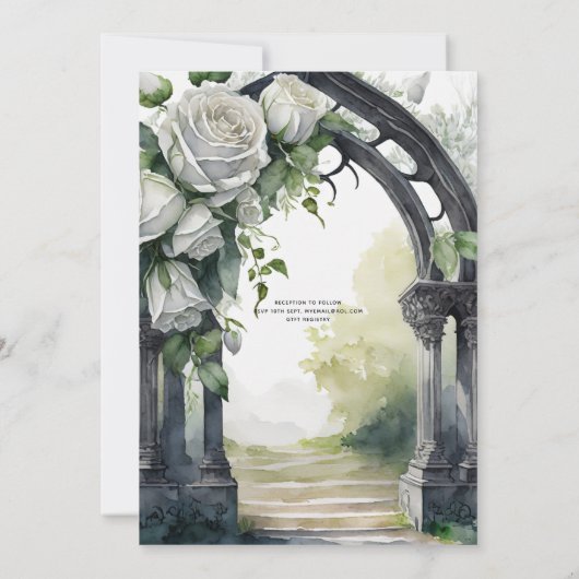 Gothic Wedding Black and White Roses Skulls Bloral Einladung (Rückseite)