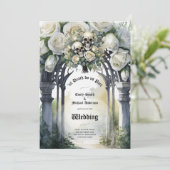 Gothic Wedding Black and White Roses Skulls Bloral Einladung (Stehend Vorderseite)
