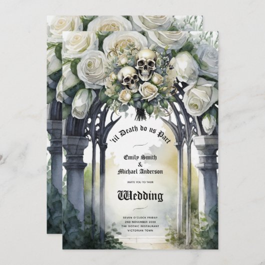 Gothic Wedding Black and White Roses Skulls Bloral Einladung (Vorne/Hinten)