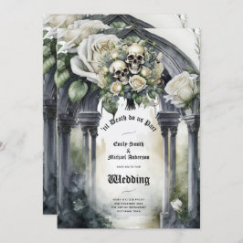 Gothic Wedding Black and White Roses Skulls Bloral Einladung