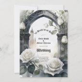 Gothic Wedding Black and White Roses Skulls Bloral Einladung (Vorderseite)