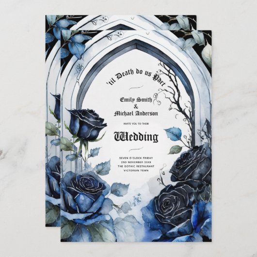 Gothic Wedding Black Blue Rose Arch Alternative Einladung (Vorne/Hinten)