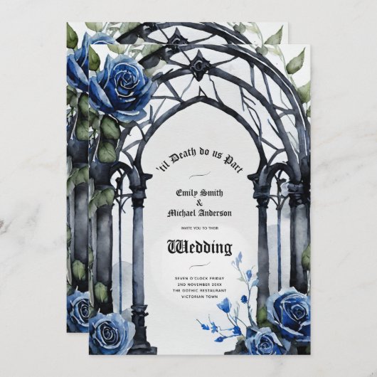 Gothic Wedding Black Blue Rose Arch Alternative Einladung (Vorne/Hinten)