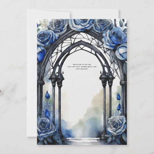 Gothic Wedding Black Blue Rose Arch Alternative Einladung (Rückseite)
