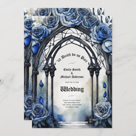 Gothic Wedding Black Blue Rose Arch Alternative Einladung (Vorne/Hinten)