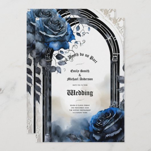 Gothic Wedding Black Blue Rose Arch Alternative Einladung (Vorne/Hinten)