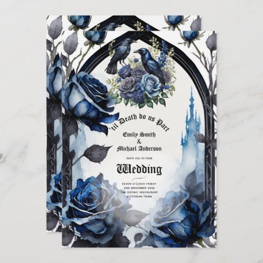 Gothic Wedding Black Blue Rose Ravens Einladung (Vorne/Hinten)