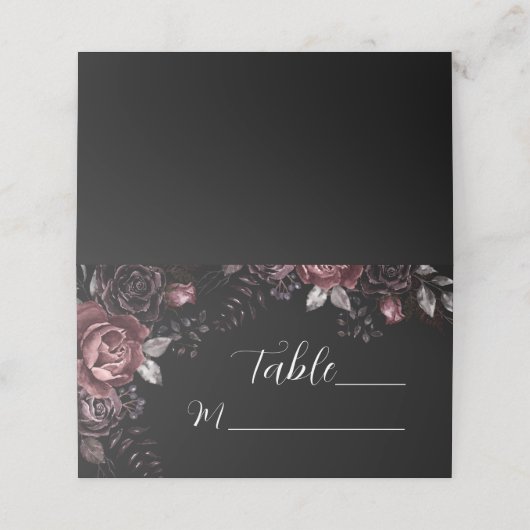 Gothic Wedding Black Dark Florals Table Platzkarte (Außenseite Aufgefaltet)