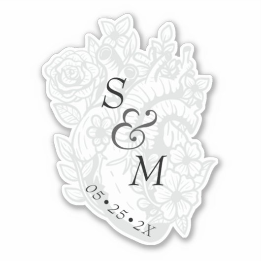 Gothic Wedding Date White Spooky Heart Monogram Aufkleber (Vorderseite)