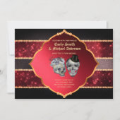 Gothic Wedding Deep Red Gray Gold Skulls Einladung (Vorderseite)