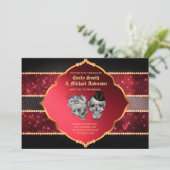 Gothic Wedding Deep Red Gray Gold Skulls Einladung (Stehend Vorderseite)