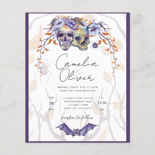 Gothic Wedding Einladung Lila Orange Skulls (Vorderseite)