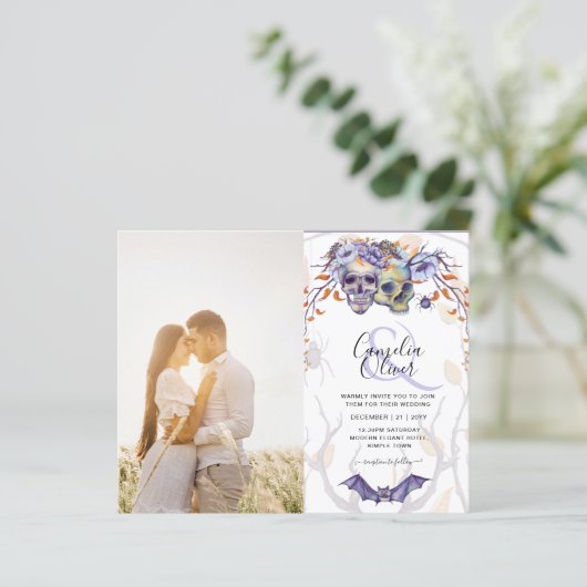 Gothic Wedding Einladung Lila Orange Skulls (Stehend Vorderseite)