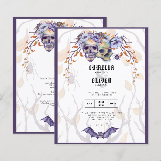 Gothic Wedding Einladung Lila Orange Skulls (Vorne/Hinten)