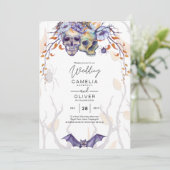 Gothic Wedding Einladung Lila Orange Skulls (Stehend Vorderseite)