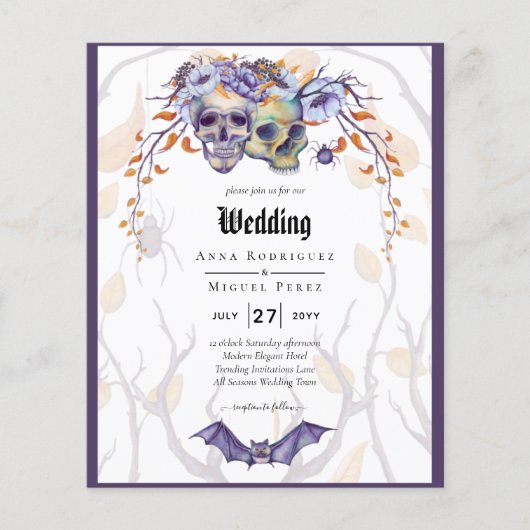 Gothic Wedding Einladung Lila Orange Skulls (Vorderseite)