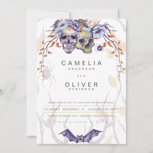Gothic Wedding Einladung Lila Orange Skulls (Vorderseite)
