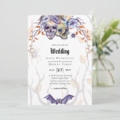 Gothic Wedding Einladung Lila Orange Skulls (Stehend Vorderseite)