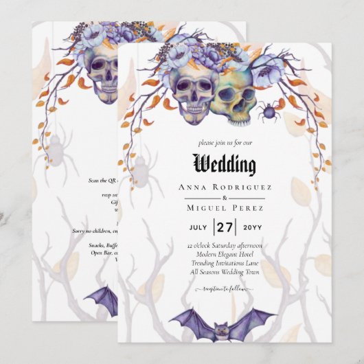 Gothic Wedding Einladung Lila Orange Skulls (Vorne/Hinten)