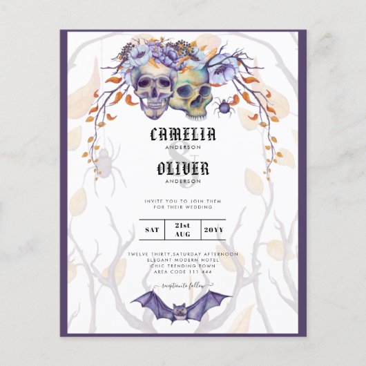 Gothic Wedding Einladung Lila Orange Skulls Flyer (Vorne)