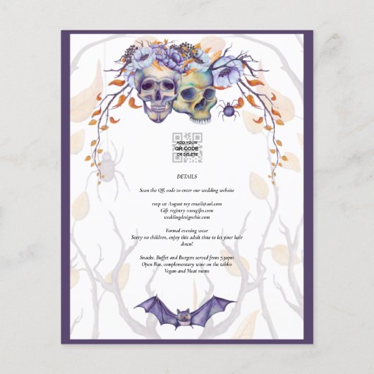 Gothic Wedding Einladung Lila Orange Skulls Flyer (Hinten)