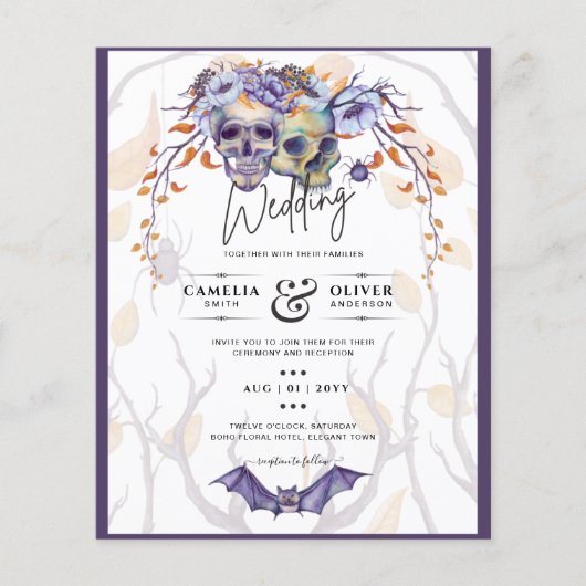 Gothic Wedding Einladung Lila Orange Skulls Flyer (Vorne)