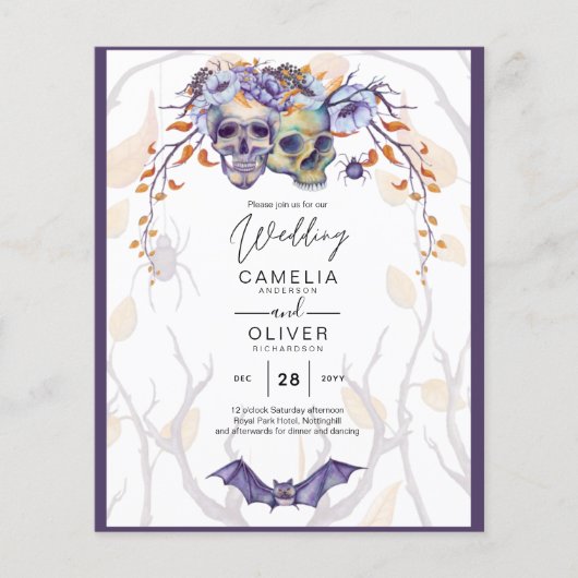 Gothic Wedding Einladung Lila Orange Skulls Flyer (Vorne)