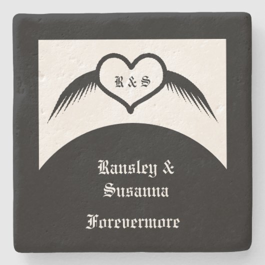 Gothic Wedding Flügelherz Mit Monogramm Steinuntersetzer (Vorderseite)