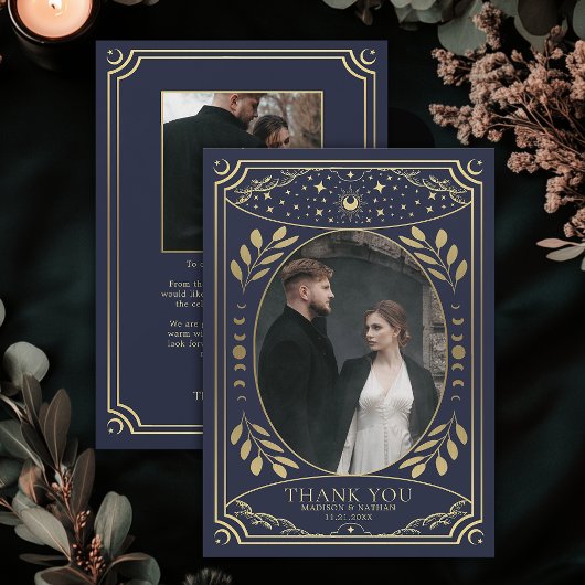 Gothic Wedding Gold Navy Vintag Tarot Dankeskarte