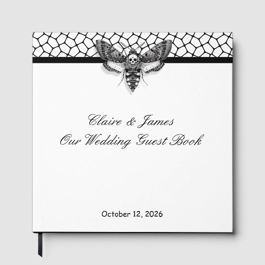 Gothic Wedding Guest Book - Black & White Moth Gästebuch (Vorderseite)