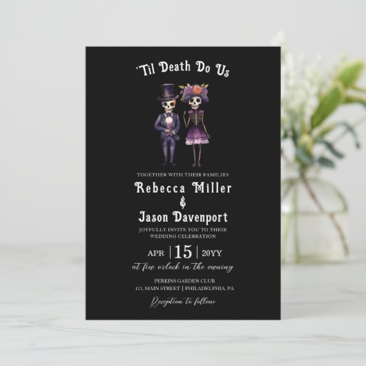 Gothic Wedding Invitation Skeletts Black Einladung (Stehend Vorderseite)