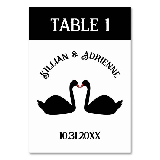 Gothic Wedding Kissing Black Swans Custom Tischnummer (Vorderseite)