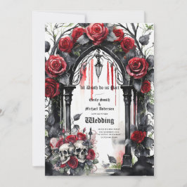 Gothic Wedding Red Black Rose Skulls Arch Einladung