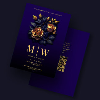 Gothic Wedding Rose Elegante Dark Blue Gold Einladung